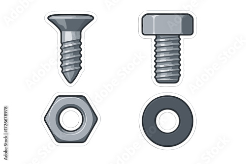 Set of common construction and repair hardware items such as a wood screw, machine bolt, hex nut, and flat washer