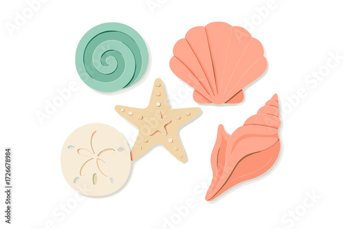 Decorative collection of pastel colored sea shells, starfish, and sand dollar in layered paper cut style on white background