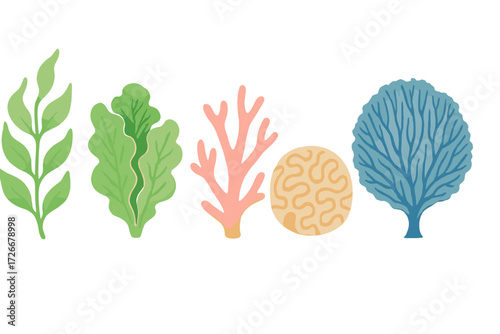 Vibrant collection of diverse underwater plants and coral reef elements in a stylized aquatic environment with a watercolor texture