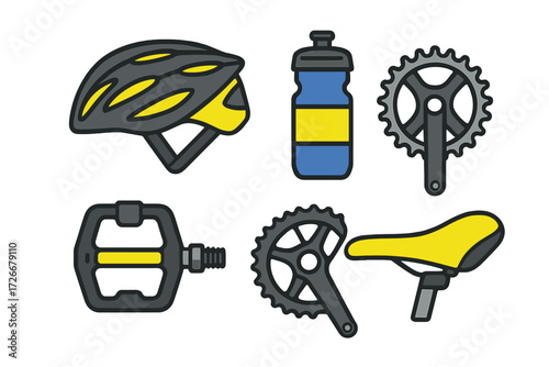 Essential cycling gear and bicycle components: helmet, water bottle, pedals, saddle for outdoor sports and recreation