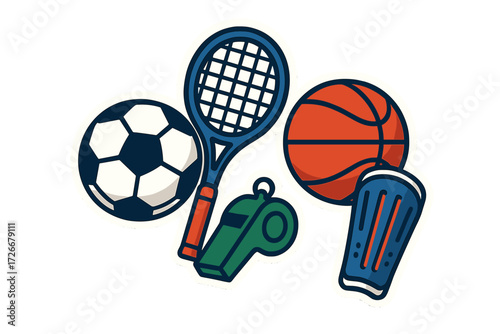 Essential athletic equipment for various popular team and individual sports, including soccer, basketball, and tennis