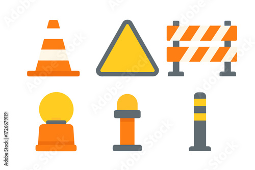 Collection of road construction safety equipment and warning signs like traffic cones, barriers, and flashing lights