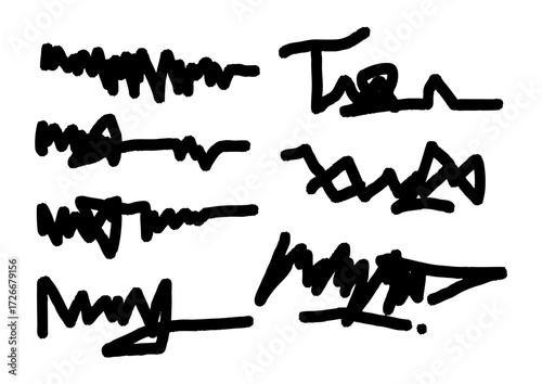 Creative collection of hand-drawn abstract signatures and marker scribbles. Isolated set of unique autographs and graffiti tags for design elements