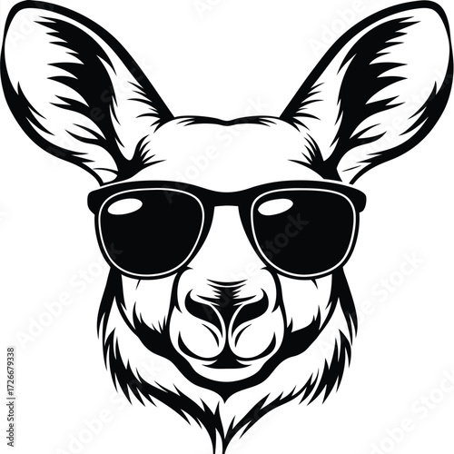 Vectorized kangaroo head displays cool confidence with sleek sunglasses and striking black lines