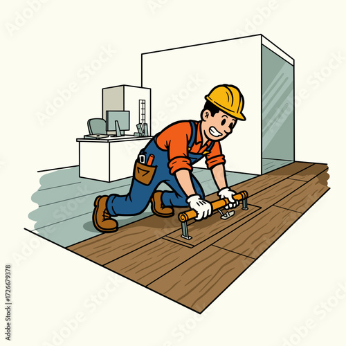 Builder installing laminate flooring in office while smiling  
