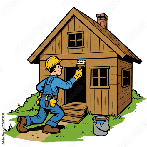 Builder painting wooden cottage with a brush outdoors in daytime  
