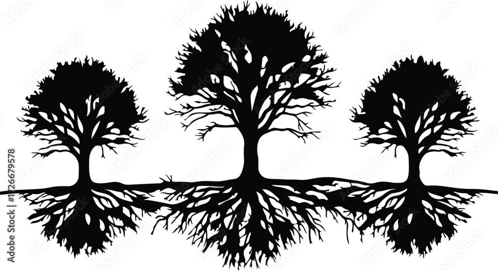 Obraz premium Vector Three black trees with roots silhouette Illustrator