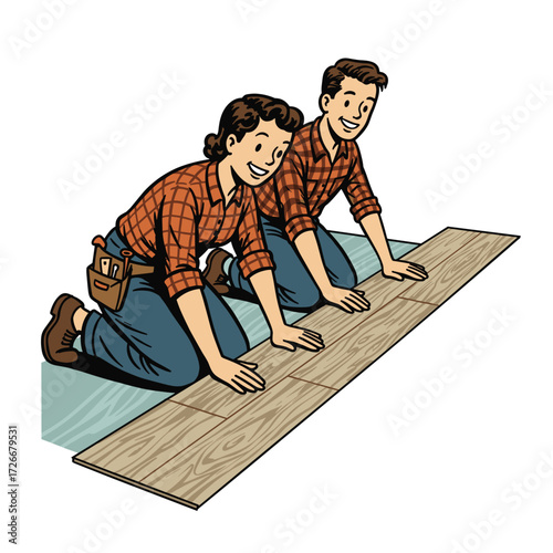 Young couple installing laminate flooring on white background  
