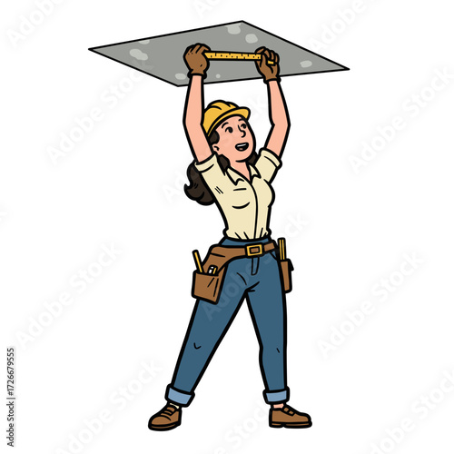 Woman measuring drywall ceiling while smiling in construction site  