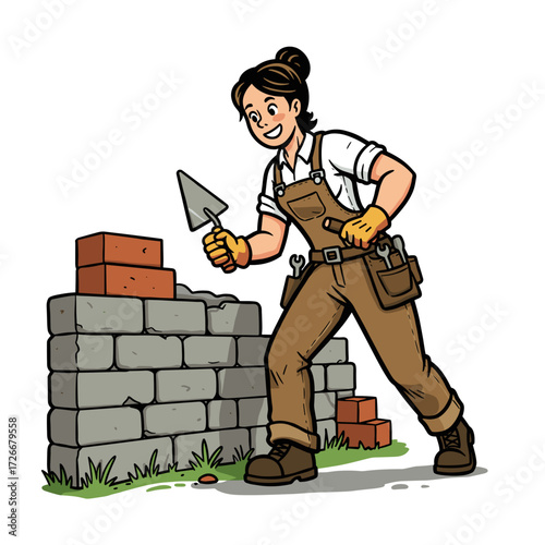 Young woman bricklayer working with trowel and bricks outdoors  