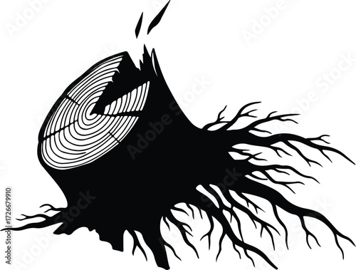 Vector tree stump cracked silhouette with roots and rings Illustrator