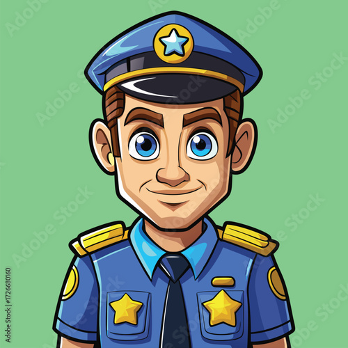 Cartoon male police officer in uniform with a friendly expression.
