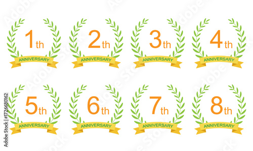アニバーサリー周年記念ローレルリース 黄リボン付きベクター素材（1周年, 2周年, 3周年, 4周年, 5周年, 6周年, 7周年, 8周年）