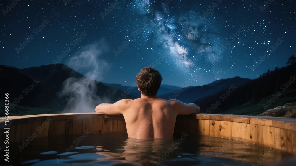 Obraz premium Person relaxing in a wooden hot tub under a starry night sky with the Milky Way visible above mountainous terrain