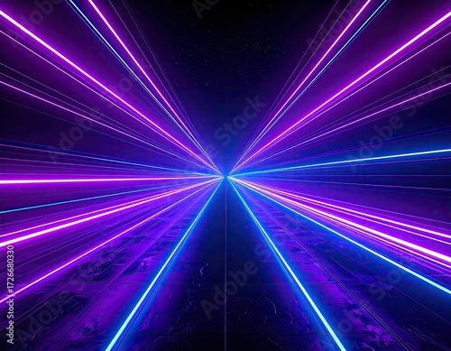 Neon lines converge in a dark tunnel