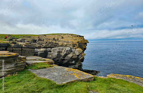 Wonderful views of the cliffs with islands and birds in the Scottish Highlands near Thurso