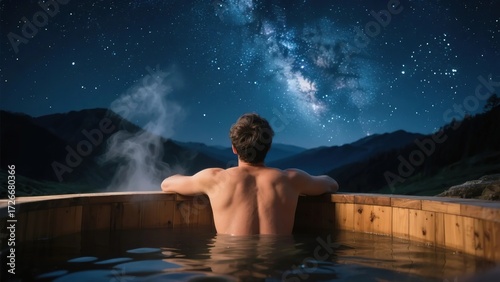 Person relaxing in a wooden hot tub under a starry night sky with the Milky Way visible above mountainous terrain
