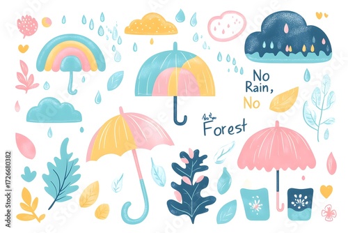 Cute rainy season illustration frame set with umbrellas and clouds