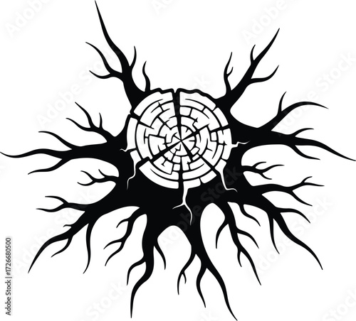 Vector Tree stump with roots and tree rings silhouette Illustrator