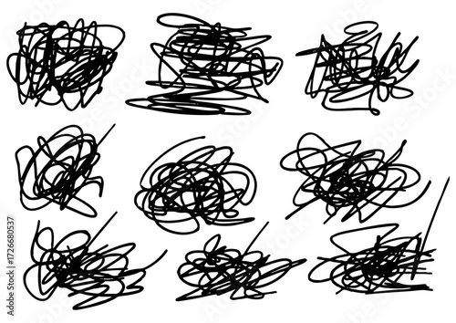 A collection of abstract scribbled lines and chaotic doodles, representing creative expression and artistic freedom, rendered in a monochromatic black and white style