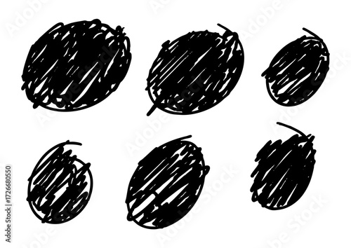 A Group of Six Hand-Drawn Oval Shapes Filled with Black Scribbles on a White Background
