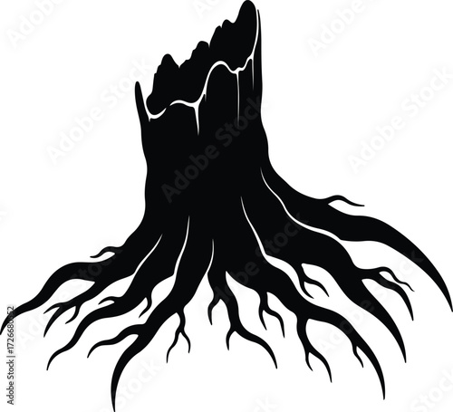 Vector tree stump with roots black silhouette Illustrator