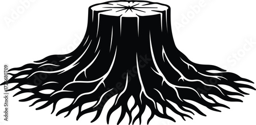 Vector Tree stump with roots isolated black silhouette Illustrator