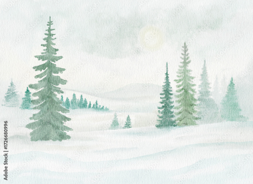 Naklejka premium A full digital watercolor illustration of a serene snowy winter landscape with trees and distant sun, perfect for greeting cards and complete scene designs.