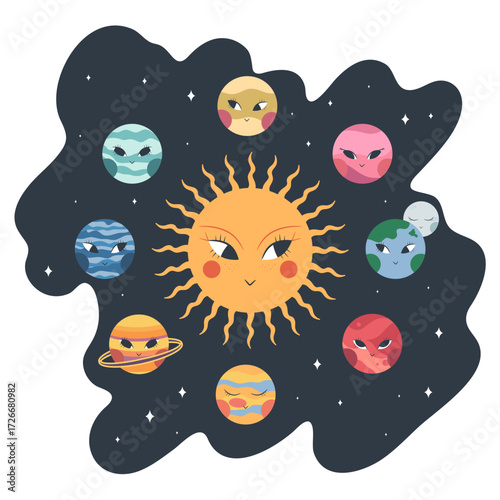 Cartoon Solar system in round shape. Abstract Solar system with cute boho planets, Sun and Moon. Vector illustration