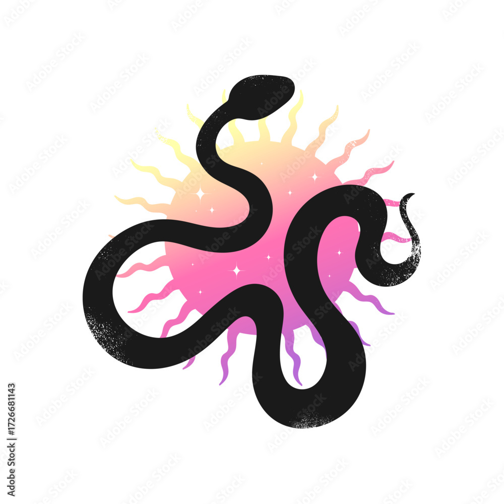 Fototapeta premium Black snake silhouette on gradient sun decorated with stars. Celestial emblem with serpent. Vector illustration
