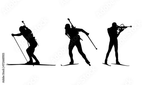 Biathlon, winter sport. Group of silhouettes of biathlon athletes in action – two skiing on cross-country skis and one shooting in standing position with a rifle