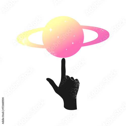 Saturn on a forefinger. Colored Saturn silhouette on a human hand. Vector illustration