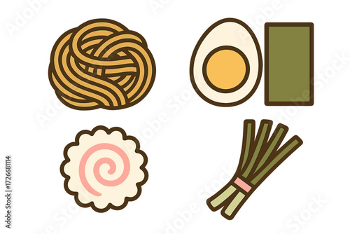 Asian noodle soup ingredients including ramen noodles, boiled egg, seaweed, fish cake, and green onions