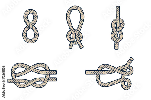 Comprehensive set of essential rope knots for various applications like sailing, climbing, and general utility purposes