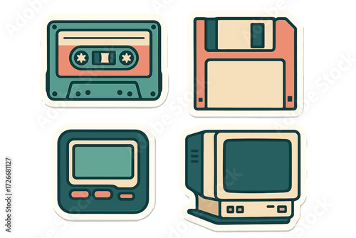 Nostalgic collection of retro technology icons featuring a cassette tape floppy disk handheld game and vintage computer monitor