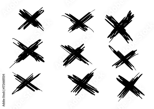 Set of nine black hand-drawn cross marks or Xs on a white background, symbolizing negation or incorrect answers
