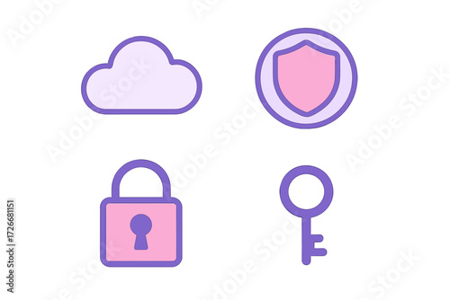 Modern cybersecurity concept showing cloud storage, shield, padlock, and key symbols for data protection and internet privacy