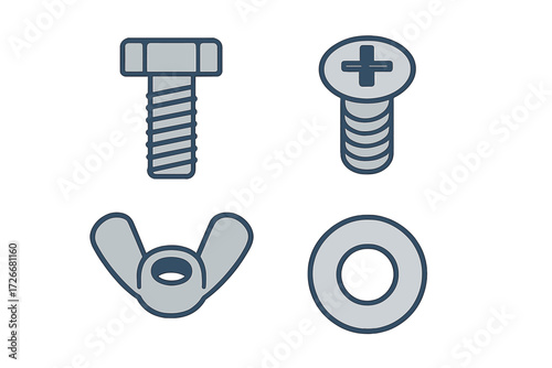 Assortment of common metal fasteners including a bolt, screw, wing nut, and washer for construction and repair