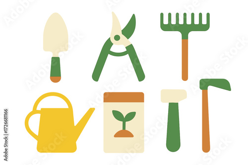 Collection of essential gardening tools and equipment for planting, cultivating, and maintaining plants and flowers in a home garden