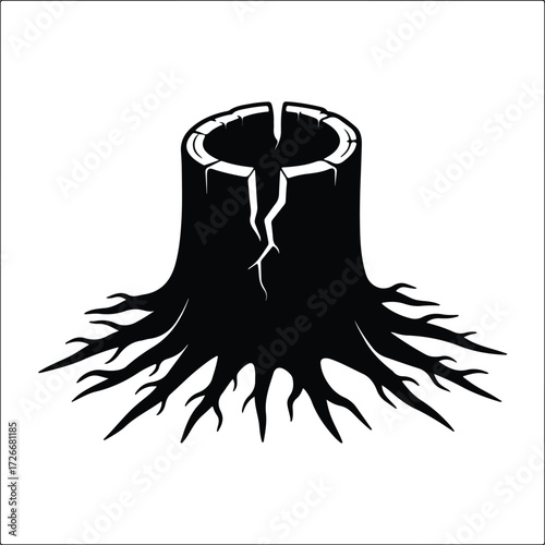 Vector tree stump with roots silhouette Illustrator