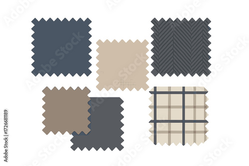 Set of modern fabric swatches featuring plaid, herringbone, and solid designs in a neutral color palette