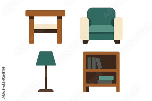 Assortment of essential home furnishings: a simple wooden table, a plush armchair, a stylish floor lamp, and a practical bookshelf