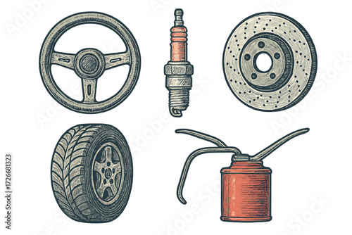 Automotive spare parts collection featuring steering wheel, spark plug, brake disc, tire, and oil can