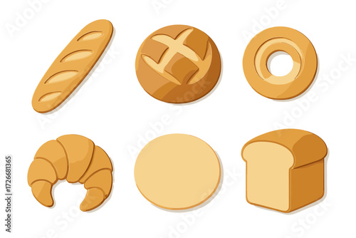Variety of freshly baked golden brown bread products and breakfast pastries, showcasing different shapes and textures
