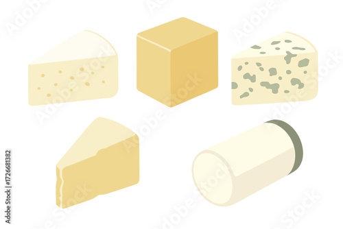 Isometric view of various cheese blocks and wedges, including soft, hard, and blue cheese varieties, arranged on a clean white background for culinary themes