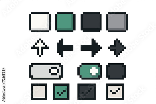 Pixelated user interface elements with interactive buttons, arrows, toggle switches, and checkboxes