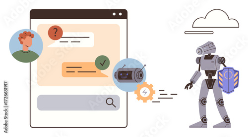 Chat interface showing user queries and AI responses, robot delivering solutions, cloud symbolizing data storage and computing. Ideal for AI, chatbot use, online services, machine learning