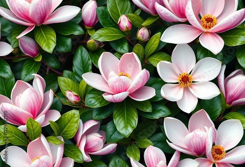 Elegant magnolia blossom pattern, showcasing delicate petals and lush greenery, nature, pattern