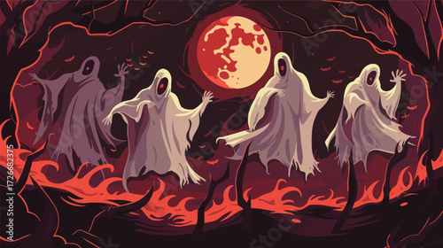 Group of ghosts wearing cloaks dancing together illustration