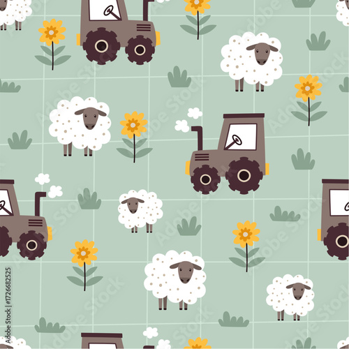 Seamless pattern with tractors and sheep on a checkered background. Design for children's pastel linen.